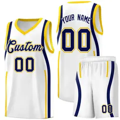 White Navy-Gold Ribbon Pattern Basketball Kits