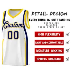 White Navy-Gold Ribbon Pattern Basketball Kits 2