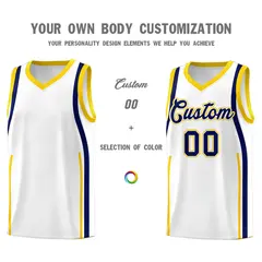 White Navy-Gold Ribbon Pattern Basketball Kits 3