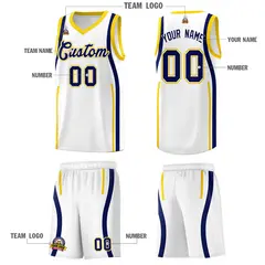 White Navy-Gold Ribbon Pattern Basketball Kits 5
