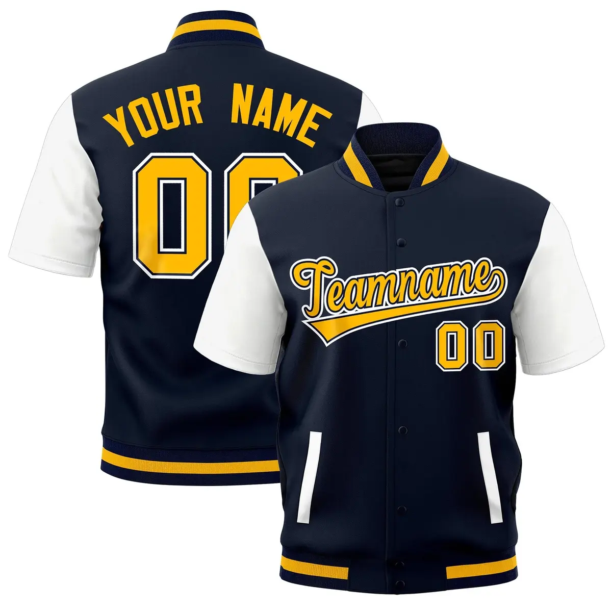 White Navy Gold Short Sleeve Full-Snap Varsity Jacket