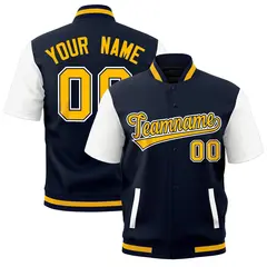White Navy Gold Short Sleeve Full-Snap Varsity Jacket 1