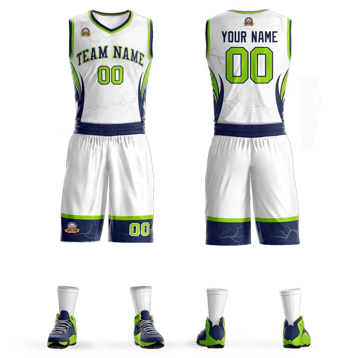 White Navy Graffiti Lightning Basketball Jersey Sets