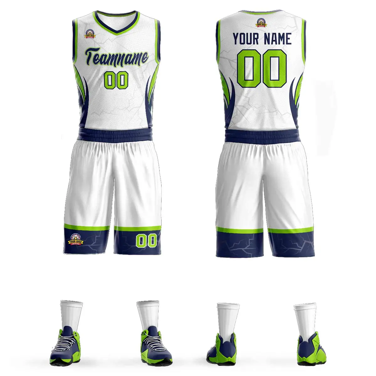 White Navy Graffiti Lightning Basketball Jersey Sets
