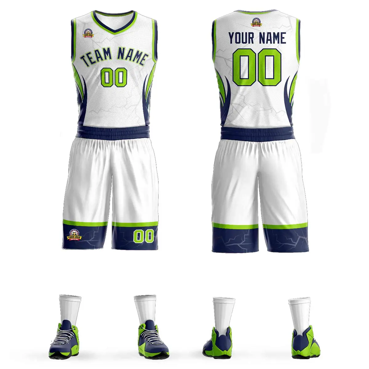 White Navy Graffiti Lightning Basketball Jersey Sets