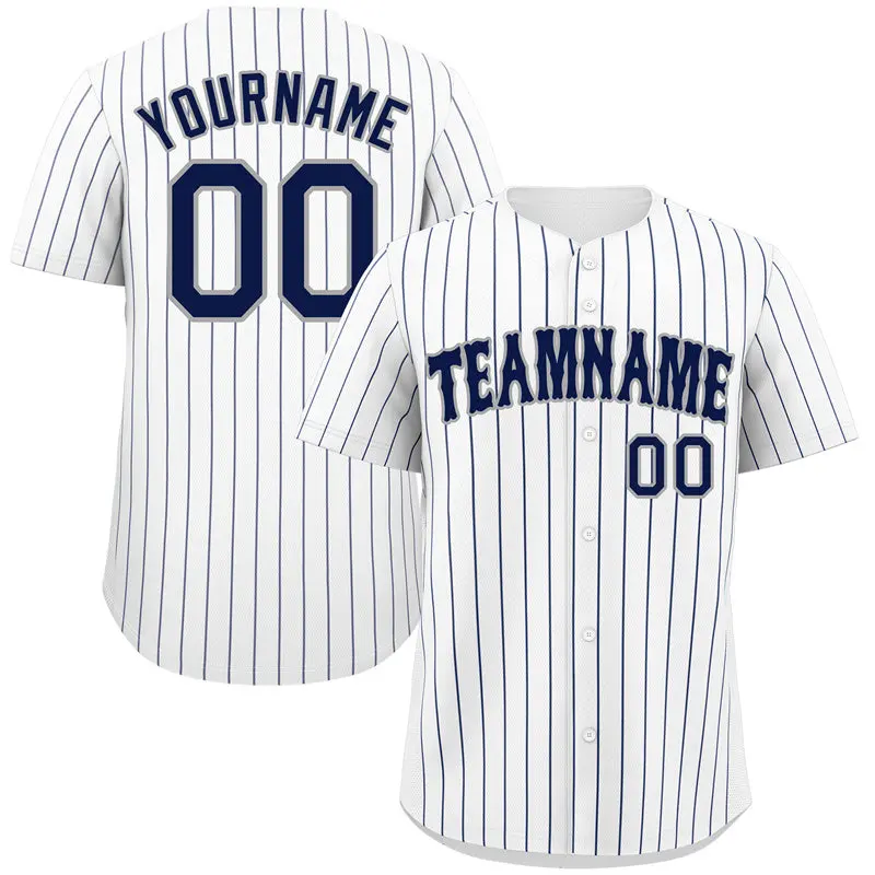 White Navy Gray Bull Stripe Baseball Jersey
