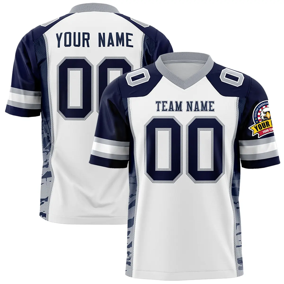 White Navy-Gray Raglan Sleeves Side Pattern Football Jersey