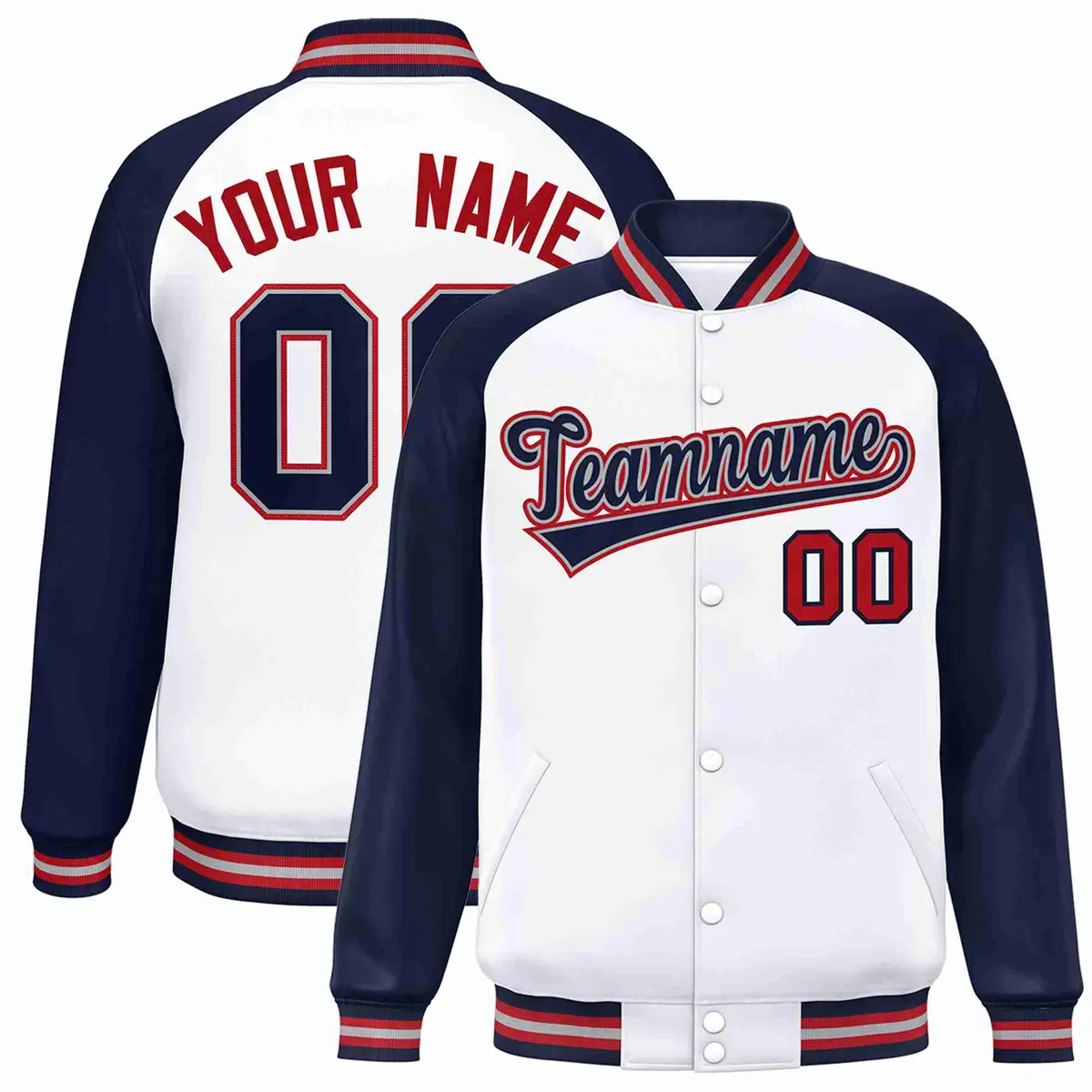 White Navy-Gray Raglan Varsity Letterman Full-Snap Jacket
