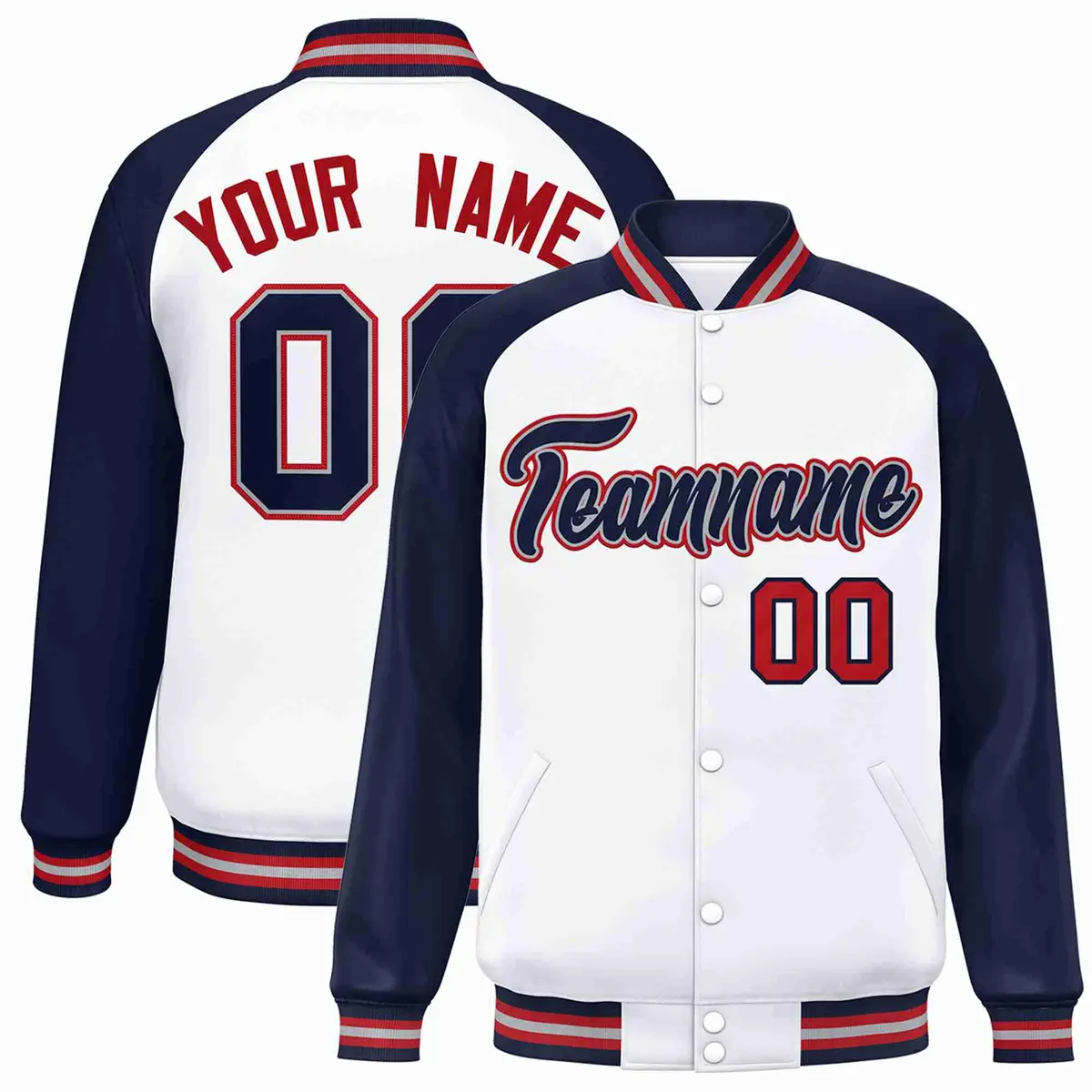 White Navy-Gray Raglan Varsity Letterman Full-Snap Jacket