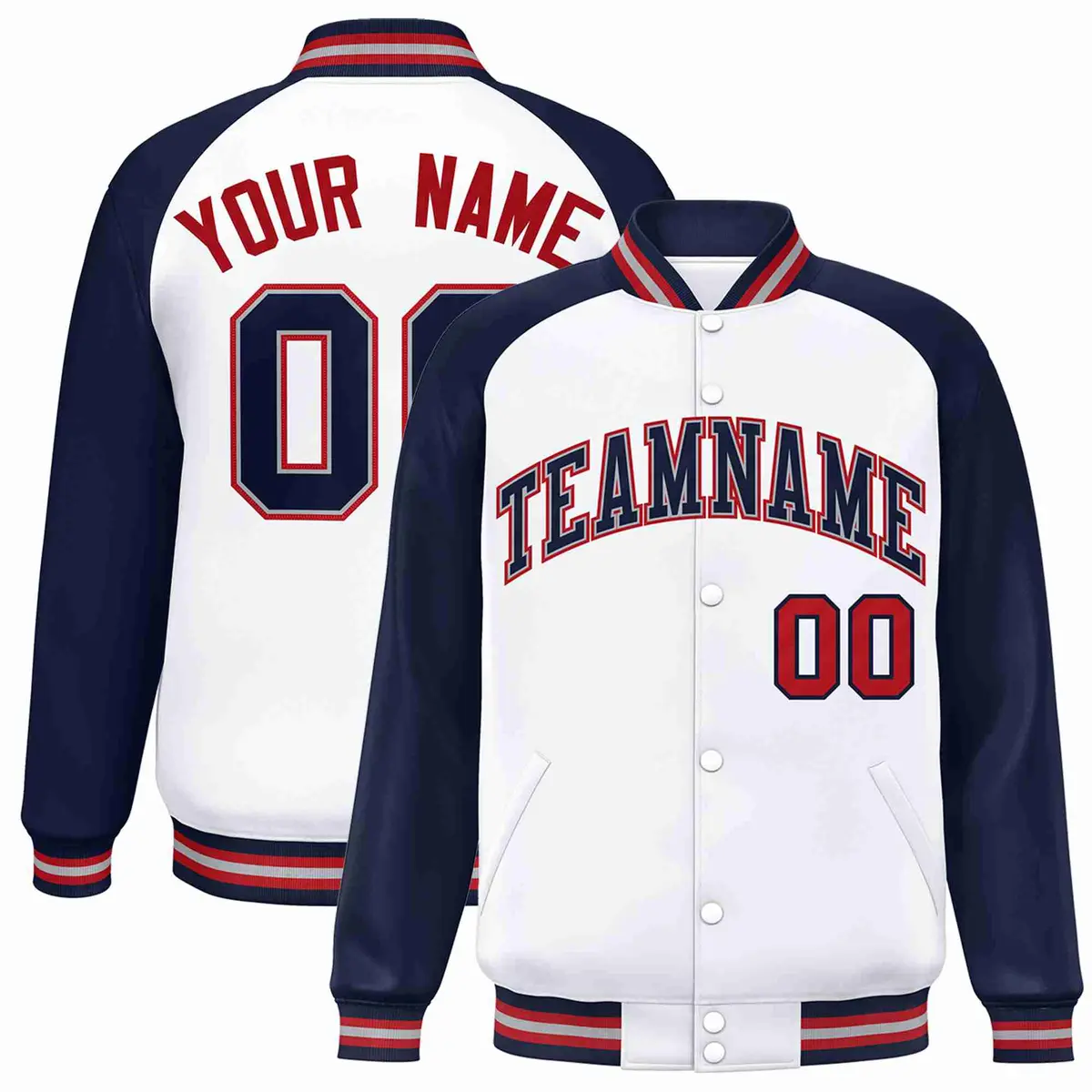 White Navy-Gray Raglan Varsity Letterman Full-Snap Jacket