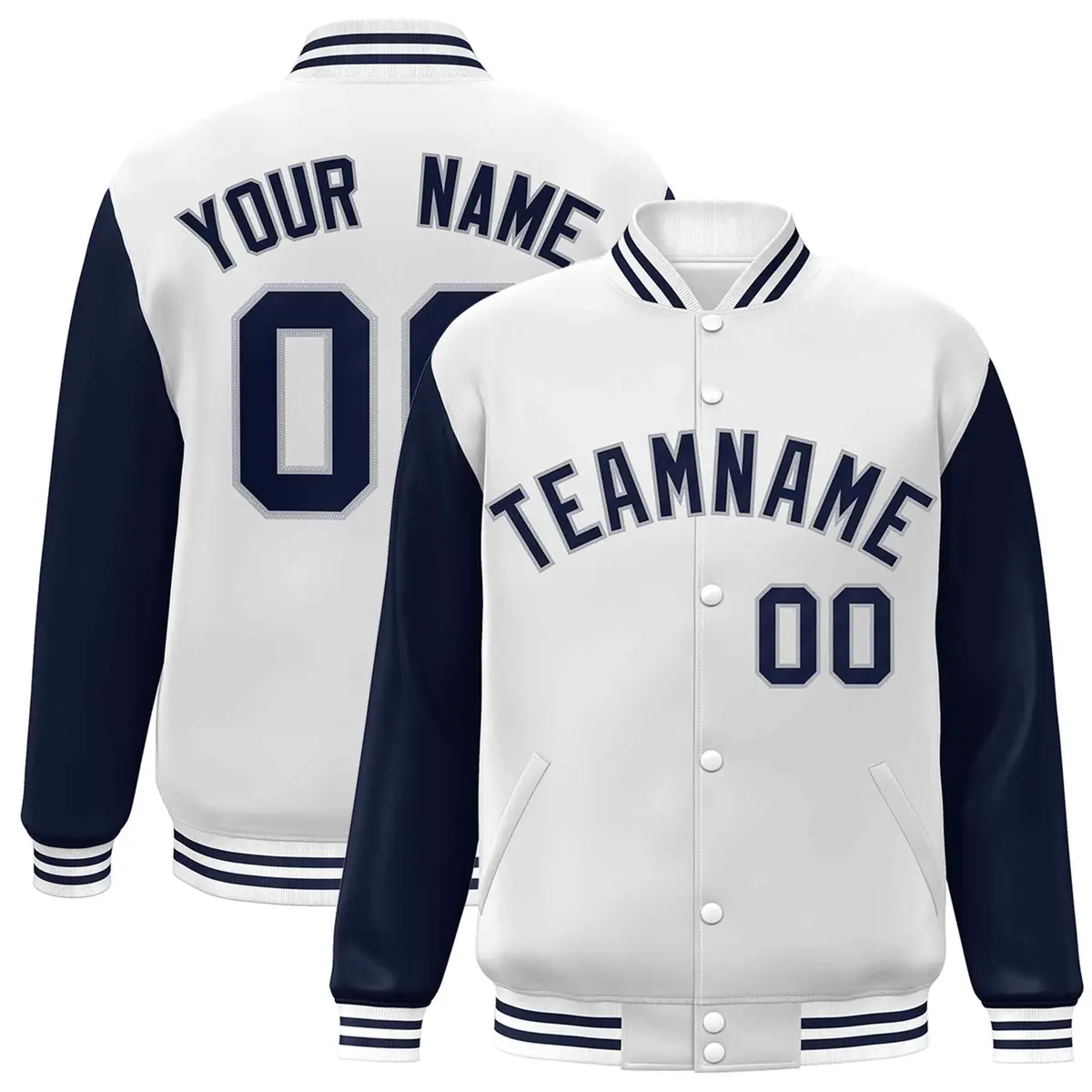 White Navy-Gray Raglan Varsity Letterman Full-Snap Jacket
