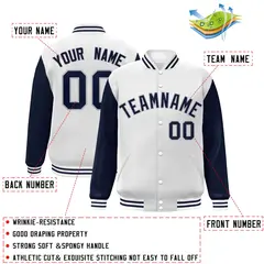 White Navy-Gray Raglan Varsity Letterman Full-Snap Jacket 2