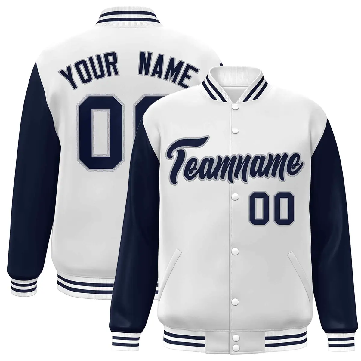 White Navy-Gray Raglan Varsity Letterman Full-Snap Jacket