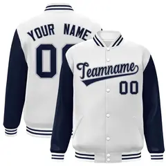 White Navy-Gray Raglan Varsity Letterman Full-Snap Jacket