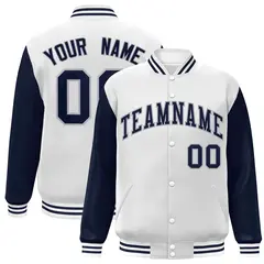 White Navy-Gray Raglan Varsity Letterman Full-Snap Jacket