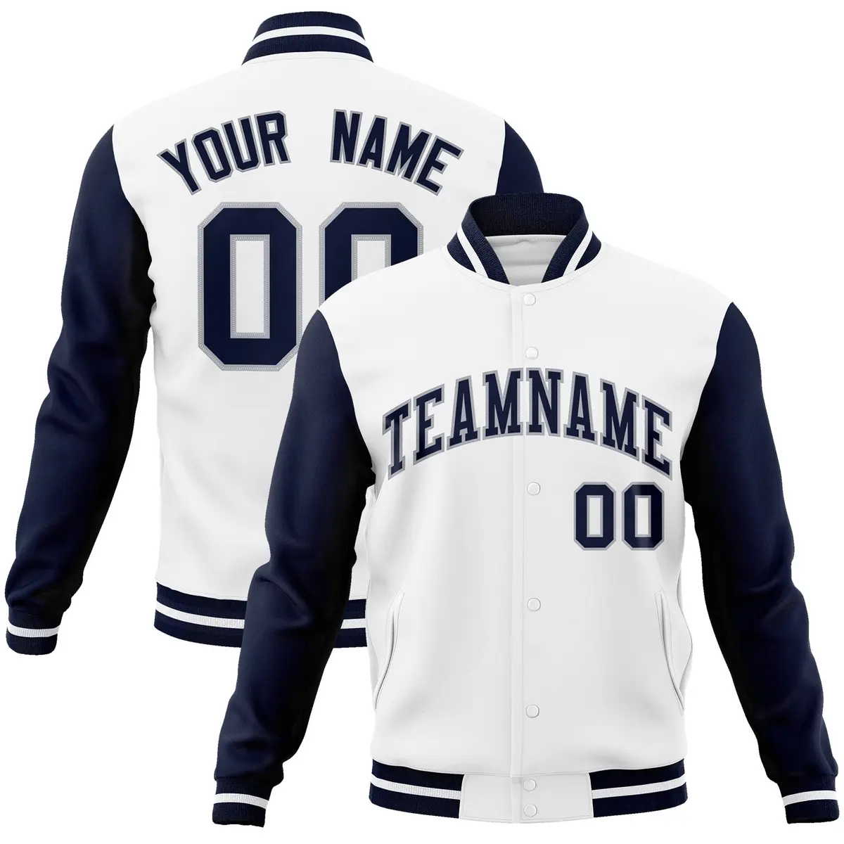 White Navy-Gray Raglan Varsity Letterman Full-Snap Jacket