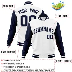 White Navy-Gray Raglan Varsity Letterman Full-Snap Jacket 4