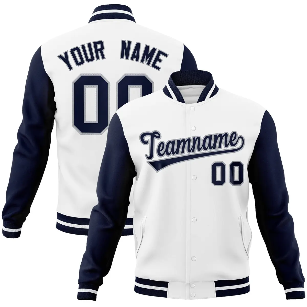 White Navy-Gray Raglan Varsity Letterman Full-Snap Jacket