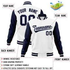 White Navy-Gray Raglan Varsity Letterman Full-Snap Jacket 4