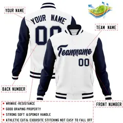 White Navy-Gray Raglan Varsity Letterman Full-Snap Jacket 4