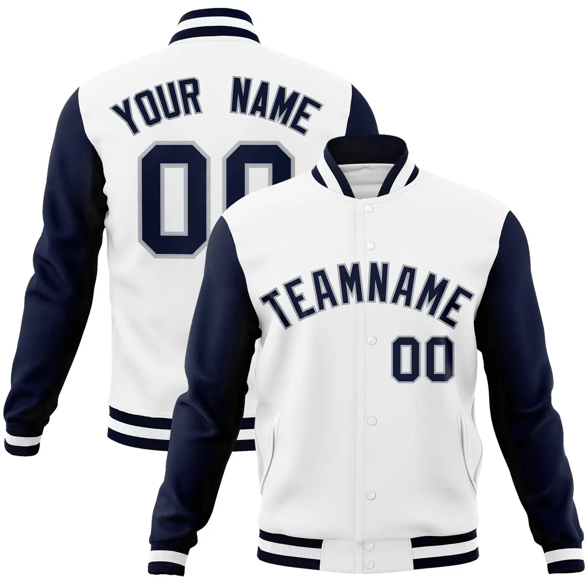 White Navy-Gray Raglan Varsity Letterman Full-Snap Jacket