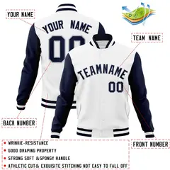 White Navy-Gray Raglan Varsity Letterman Full-Snap Jacket 4