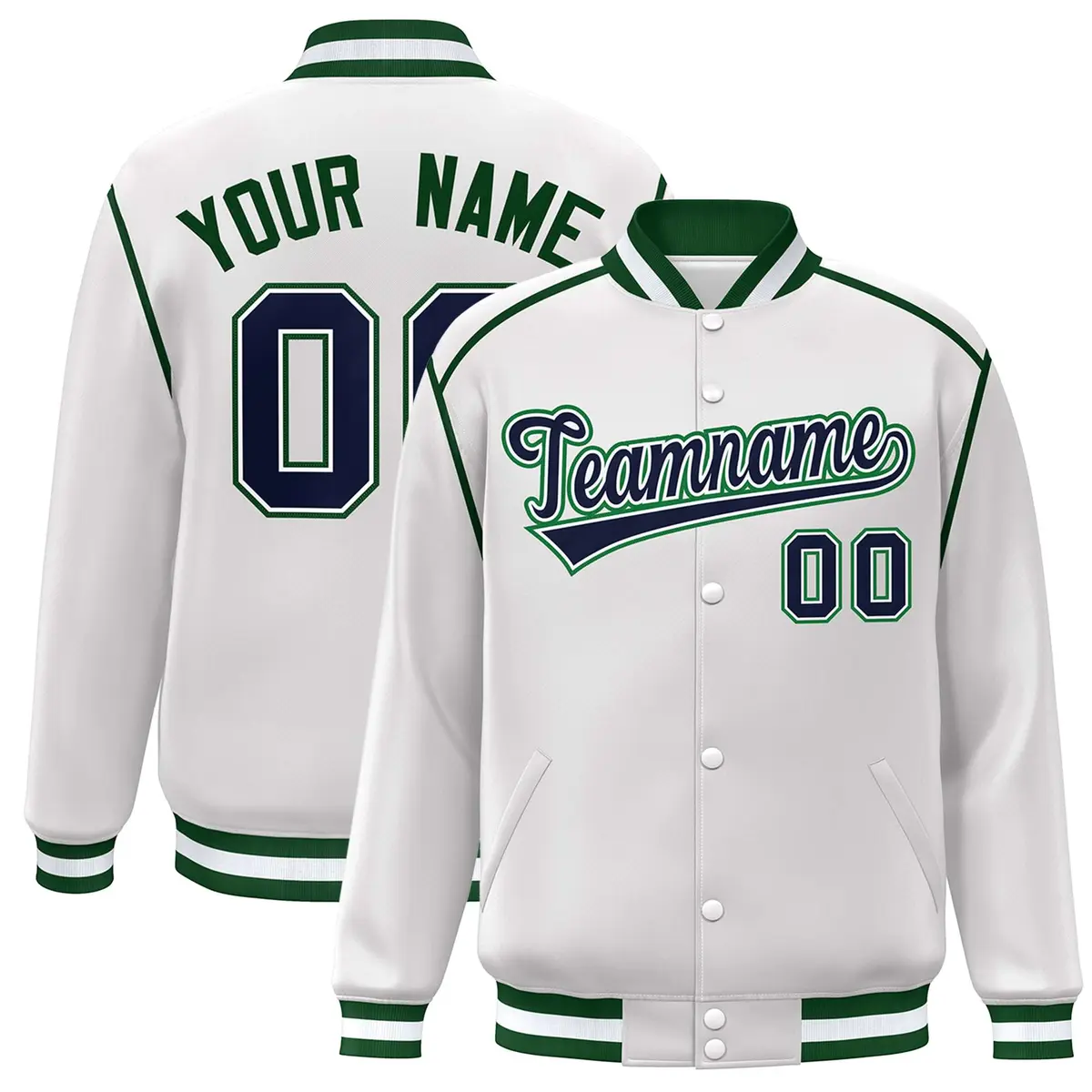White Navy-Green Color Block Ribbon Varsity Full-Snap Bomber Jacket