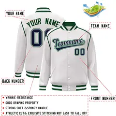 White Navy-Green Color Block Ribbon Varsity Full-Snap Bomber Jacket 2