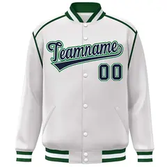White Navy-Green Color Block Ribbon Varsity Full-Snap Bomber Jacket 3