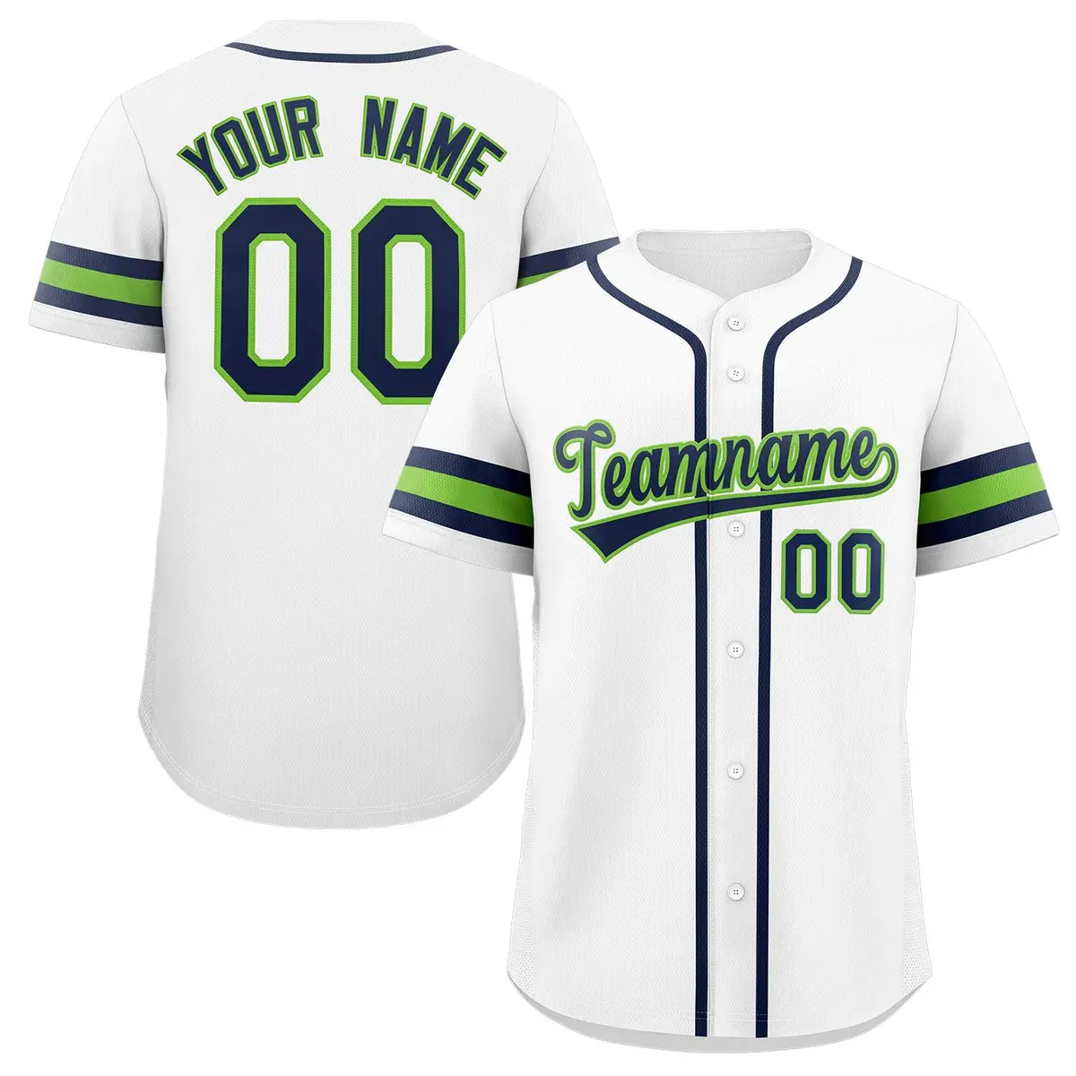 White Navy-Green Full-Button Classic Baseball Jersey