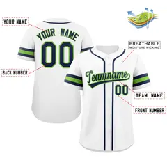 White Navy-Green Full-Button Classic Baseball Jersey 2