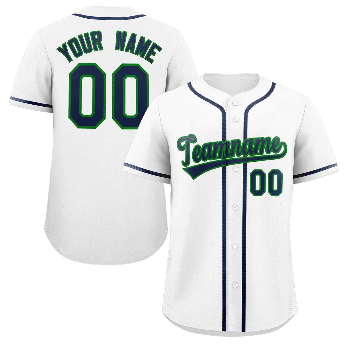 White Navy-Green Full-Button Classic Baseball Jersey