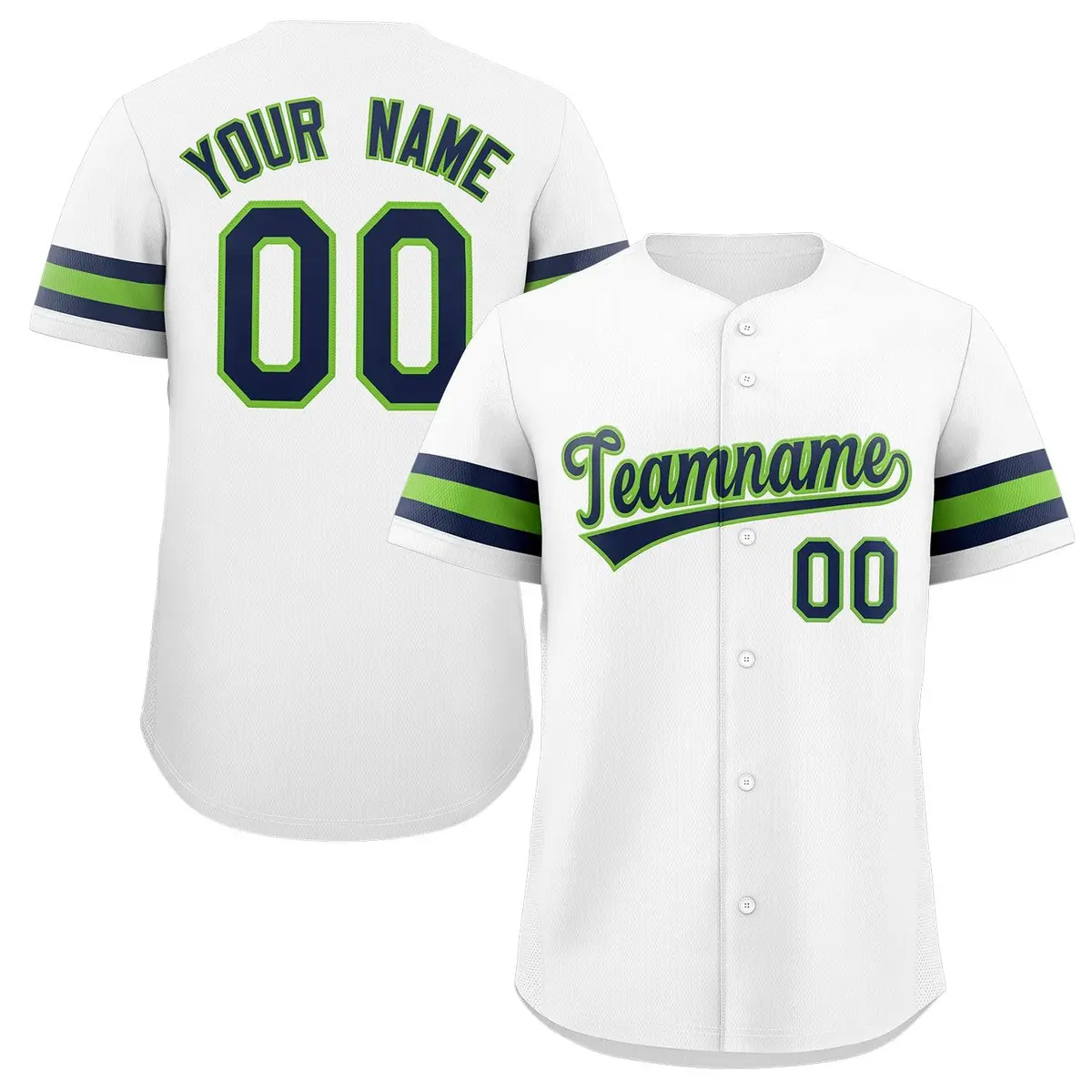 White Navy-Green Full-Button Classic Baseball Jersey