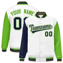 White Navy-Green Raglan Varsity Letterman Baseball Jacket