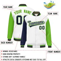 White Navy-Green Raglan Varsity Letterman Baseball Jacket 2