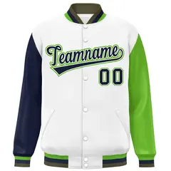 White Navy-Green Raglan Varsity Letterman Baseball Jacket 3