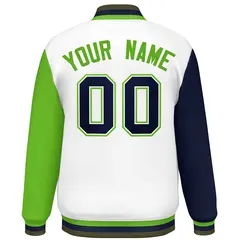 White Navy-Green Raglan Varsity Letterman Baseball Jacket 4