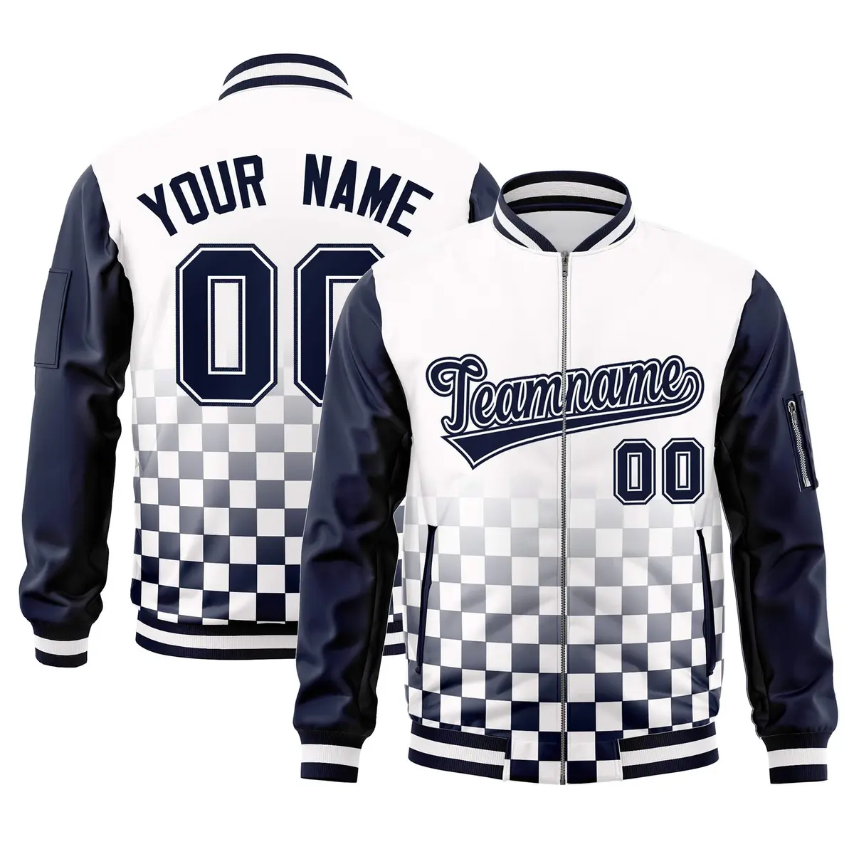 White Navy Grid Color Block Letterman Raglan Sleeve Jacket
