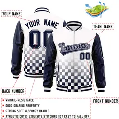 White Navy Grid Color Block Letterman Raglan Sleeve Jacket 2