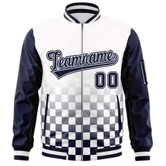 White Navy Grid Color Block Letterman Raglan Sleeve Jacket 3