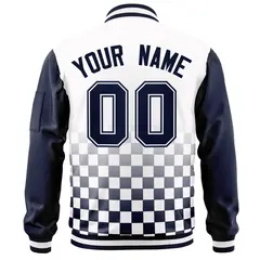 White Navy Grid Color Block Letterman Raglan Sleeve Jacket 4