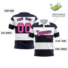 White-Navy Horizontal Stripe Performance Polo Shirt 2