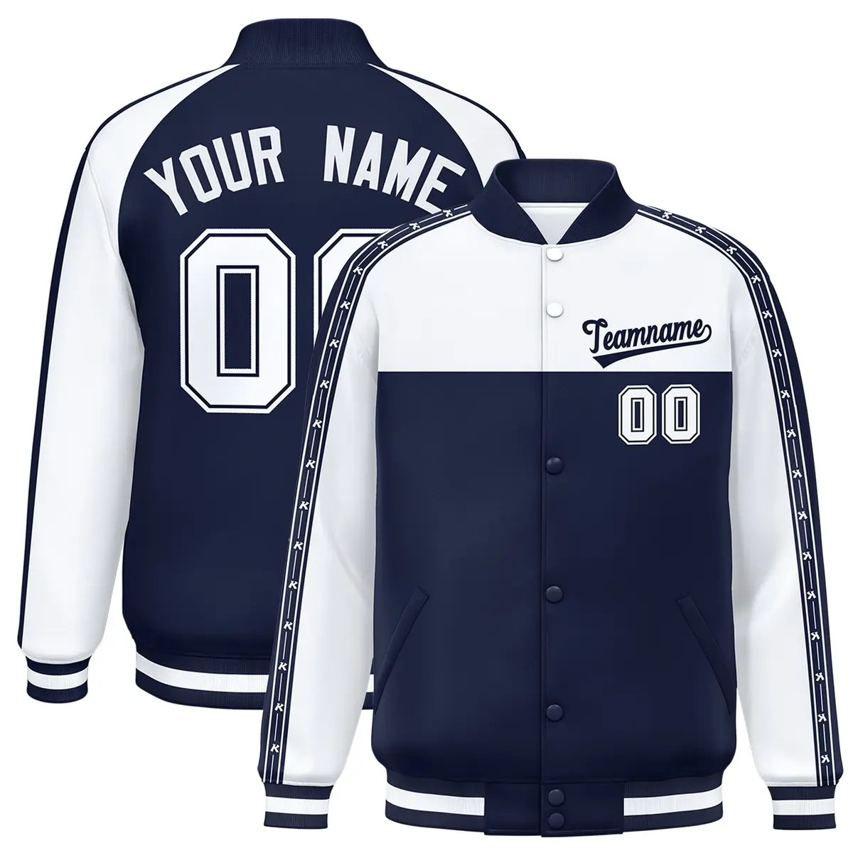 White Navy K-Ribbon Raglan Color Block Varsity Letterman Jacket