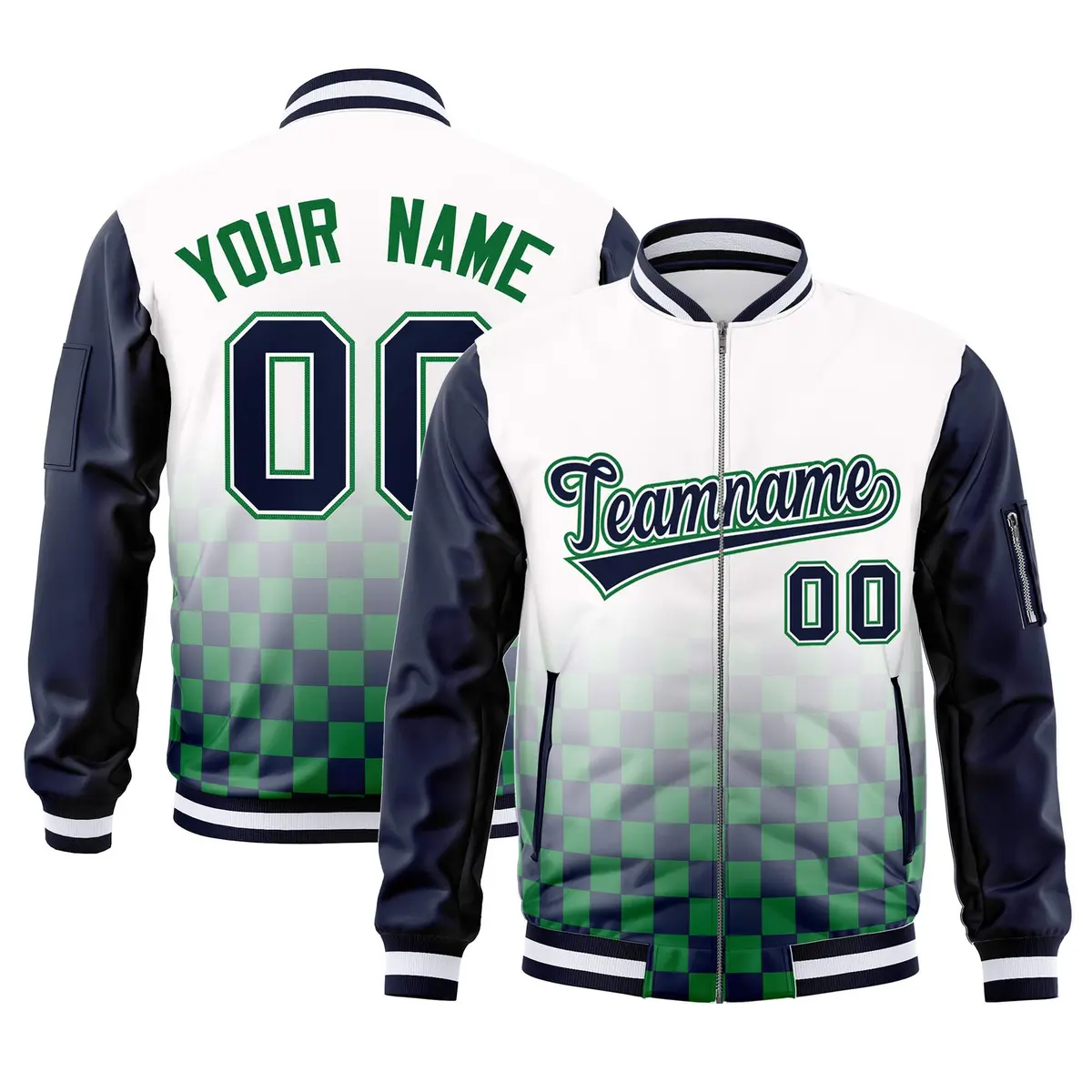 White Navy-Kelly Green Grid Color Block Letterman Raglan Jacket