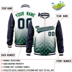 White Navy-Kelly Green Grid Color Block Letterman Raglan Jacket 2