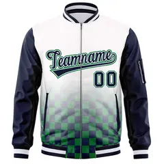 White Navy-Kelly Green Grid Color Block Letterman Raglan Jacket 3