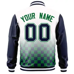 White Navy-Kelly Green Grid Color Block Letterman Raglan Jacket 4