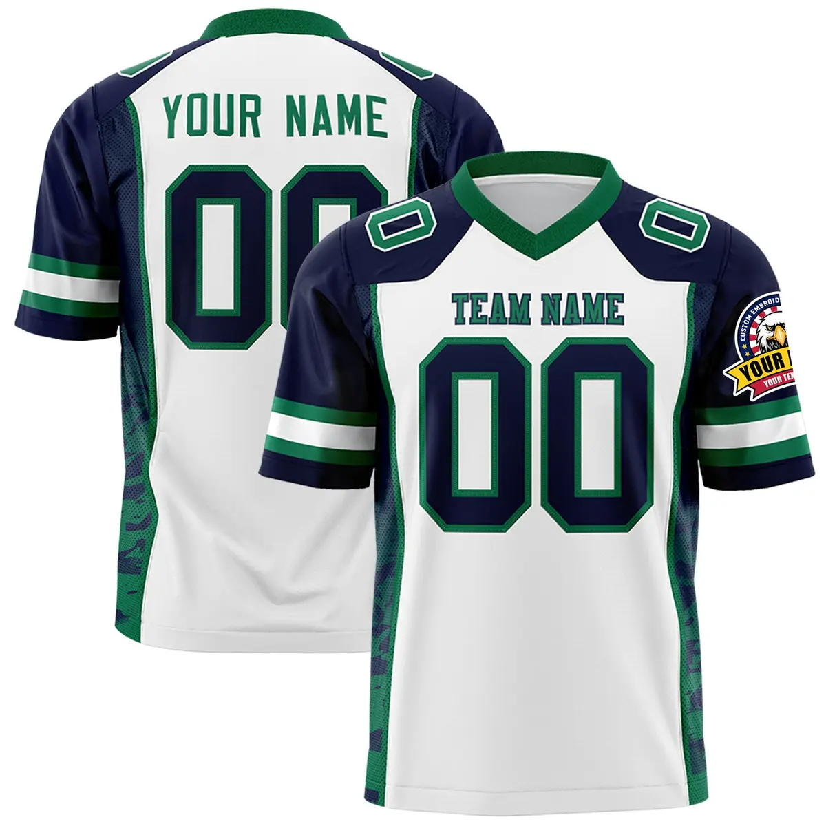 White Navy-Kelly Green Raglan Sleeves Side Pattern Football Jersey