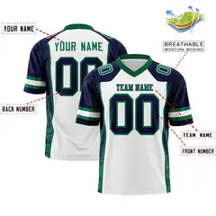 White Navy-Kelly Green Raglan Sleeves Side Pattern Football Jersey 2