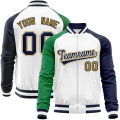 White Navy-Kelly Green Varsity Full-Zip Raglan Sleeves Letterman Baseball Jacket 1